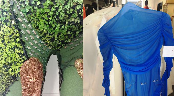 In Progress: Moos, Pailletten, Schmucksteine und stahlblauer Tüll