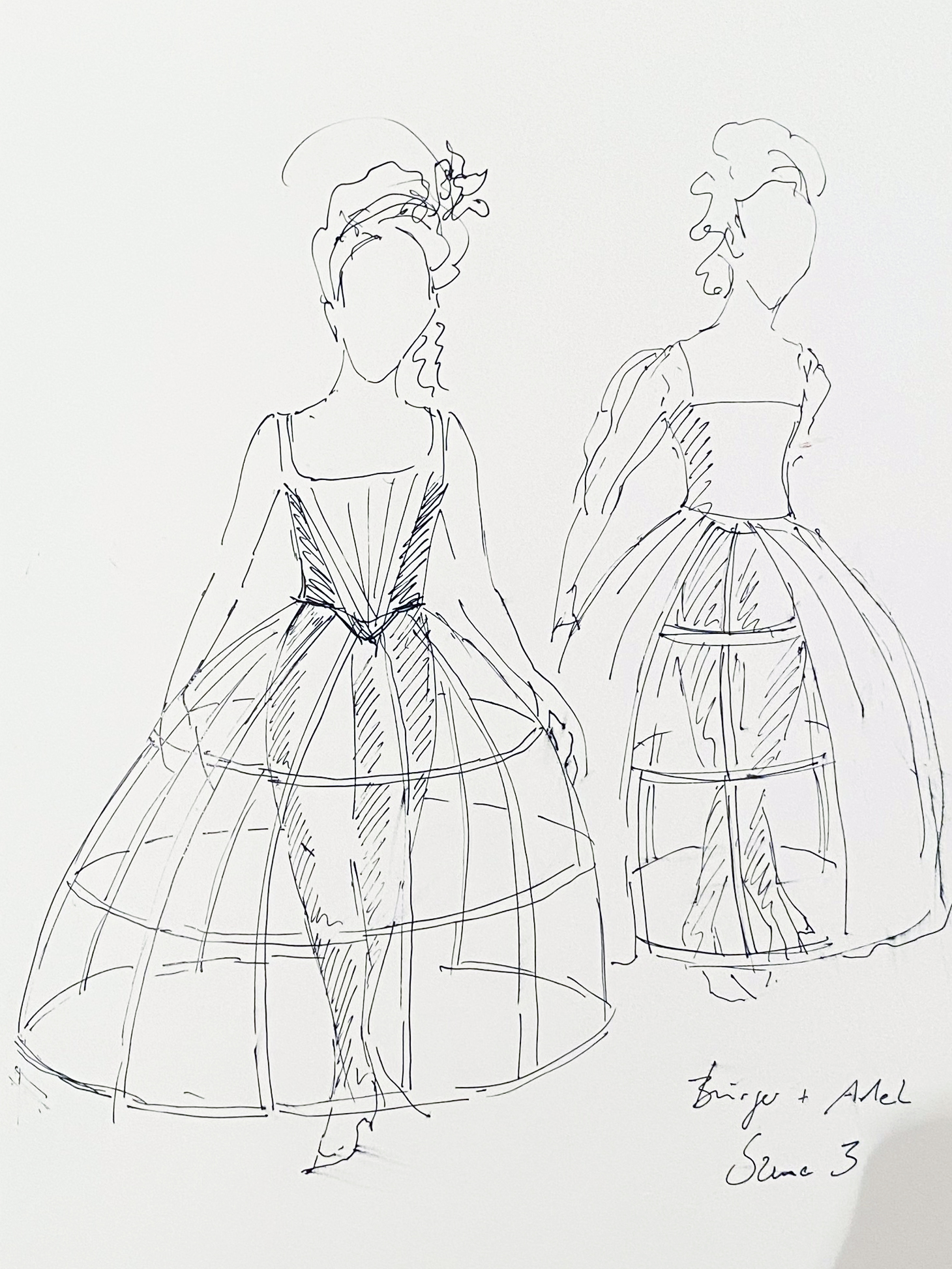 Figurine bürgerlicher Dame mit Reifrockunterkonstruktion (links) und adeliger Dame mit Reifrock und Überrockfragment (rechts).